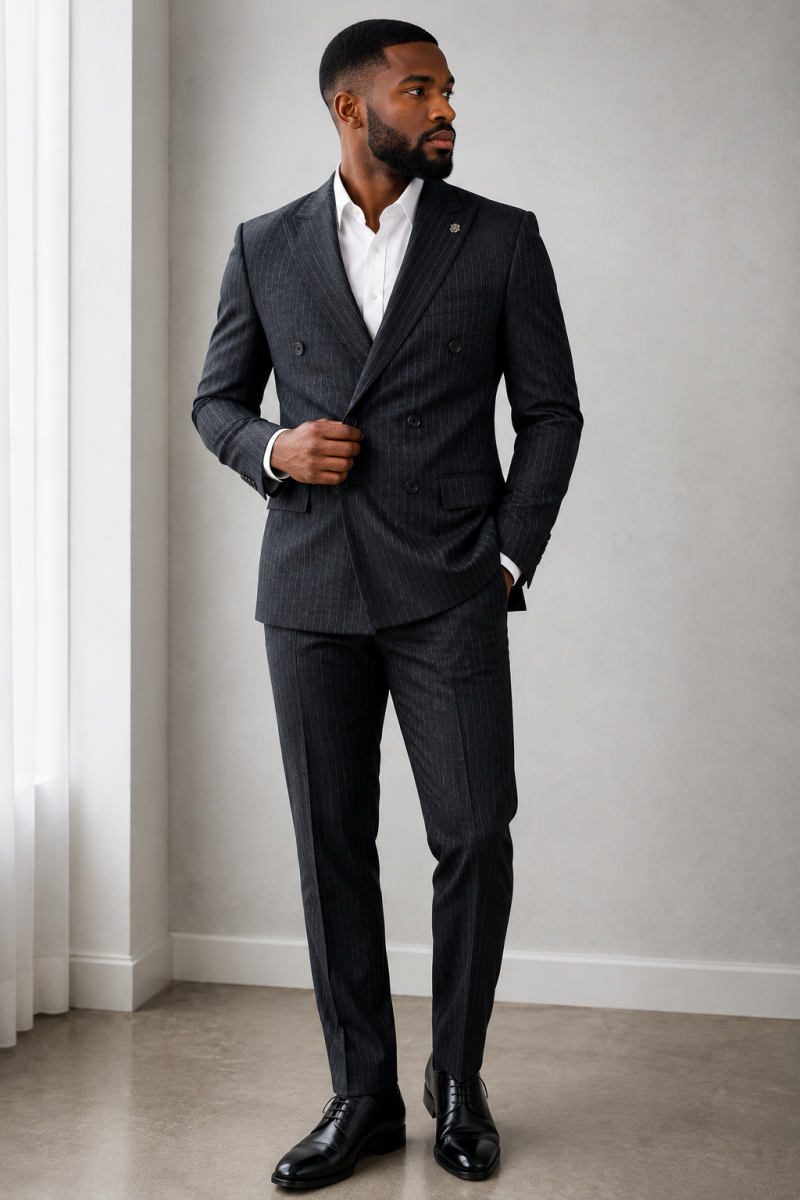 Stripe Black Double Breasted Emporio Salvini Suit. Size 48, 50, 56, & 58.